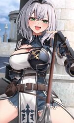 1girl absurdres armor belt belt_pouch black_dress black_gloves blurry blurry_background blurry_foreground blush braid breastplate breasts brown_belt chest_belt cleavage collared_dress cowboy_shot dress fingerless_gloves flanged_mace gloves green_eyes grey_hair headpiece highres holding holding_mace holding_weapon hololive large_breasts looking_at_viewer mace medium_hair open_mouth outdoors pouch shirogane_noel shirogane_noel_(1st_costume) shoulder_armor tabard thomas_8000 vambraces virtual_youtuber weapon white_tabard
