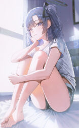 1girl absurdres alternate_costume bare_legs barefoot black_halo black_shorts blue_archive dolphin_shorts domi_(hongsung0819) halo highres long_hair looking_at_viewer parted_lips purple_eyes purple_hair shirt short_sleeves shorts sitting smile solo t-shirt toenails two_side_up white_shirt yuuka_(blue_archive)