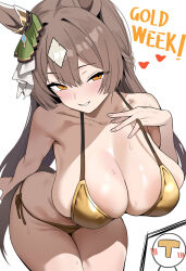 1girl absurdres animal_ears areola_slip bent_over bikini blush breasts brown_eyes brown_hair cleavage collarbone commentary_request diamond_(shape) dush_1154 ear_ornament gold_bikini hair_between_eyes hanging_breasts heart highres horse_ears horse_girl horse_tail huge_breasts large_areolae leaning_forward long_hair looking_at_viewer multicolored_hair satono_diamond_(umamusume) side-tie_bikini_bottom simple_background skindentation smile streaked_hair sweat swimsuit t-head_trainer_(umamusume) tail thighs trainer_(umamusume) umamusume white_background white_hair
