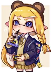 1girl absurdres animal_ear_hairband animal_ears aoaza_83 asymmetrical_hair bag bag_charm bear_ears black_thighhighs blazer blonde_hair blue_bag blue_jacket blush border braid brown_hairband charm_(object) collared_shirt colored_tongue commentary_request cowboy_shot drink drink_bag drinking_straw eyebrow_cut fake_animal_ears hair_tie hairband highres holding holding_drink holding_ticket inkling inkling_girl inkling_player_character jacket long_hair long_sleeves necktie nintendo open_clothes open_jacket open_mouth plaid_clothes plaid_necktie plaid_skirt pleated_skirt pointy_ears purple_eyes school_bag school_uniform shirt single_braid skirt solo splatoon_(series) splatoon_3 suction_cups sweater_vest tentacle_hair thighhighs ticket white_border white_shirt yellow_background yellow_necktie yellow_skirt yellow_sweater_vest yellow_tongue