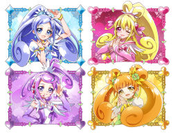 4girls aida_mana arm_warmers blonde_hair blue_eyes blue_hair bow brooch choker clubs cure_diamond cure_heart cure_rosetta cure_sword curly_hair diamond_(shape) dokidoki!_precure double_bun earrings flower flower_earrings green_bow hair_bun hair_flower hair_ornament half_updo headset heart heart_brooch heart_earrings heart_hair_ornament high_ponytail hishikawa_rikka hoshi_(xingspresent) index_finger_raised jewelry kenzaki_makoto long_hair magical_girl multiple_girls one_eye_closed orange_hair own_hands_together pink_eyes ponytail precure purple_bow purple_eyes purple_hair short_hair smile spade spade_(shape) spade_earrings spade_hair_ornament twintails wrist_cuffs yellow_bow yellow_eyes yotsuba_alice