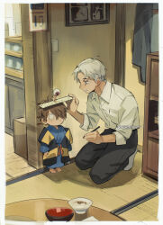 against_wall ahoge black_pants business_suit calendar_(object) chanchanko_(clothes) child father_and_son formal_clothes gegege_no_kitarou grey_hair height height_chart holding holding_pen kadeart kitarou kitarou_tanjou:_gegege_no_nazo kitchen long_sleeves looking_at_another looking_to_the_side looking_up measuring medama_oyaji miso_soup mizuki_(gegege_no_kitarou) pants parted_bangs pen picture_frame pillar rice salaryman scar scar_on_face shelf shirt slice_of_life suit table tatami white_shirt