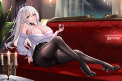 1girl artist_logo belt black_belt black_choker black_shoes black_skirt blonde_hair breasts building candle choker cityscape cleavage closed_mouth commission couch cup drinking_glass green_eyes grey_hair high-waist_skirt high_heels highres holding holding_cup legs logo long_hair long_sleeves mad_kimo multicolored_hair night night_sky off-shoulder_shirt off_shoulder original pantyhose pencil_skirt plant pointy_ears shirt shoes skirt sky skyscraper streaked_hair thighband_pantyhose white_shirt wine_glass