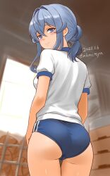 1girl ass ball basketball_(object) blue_buruma blue_eyes blue_hair blush breasts buruma dated day gotland_(kancolle) gym_shirt gym_storeroom gym_uniform hair_between_eyes hair_bun highres indoors kantai_collection long_hair looking_at_viewer looking_back mole mole_under_eye shirt short_sleeves single_hair_bun smile solo tasogare_yanio twitter_username vaulting_horse white_shirt window