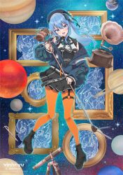 1girl :d belt beret black_belt black_dress blue_eyes blue_hair blue_hat blue_jacket boots collared_dress colored_inner_hair commentary dress full_body garter_straps green_ribbon hair_ribbon hat high_heel_boots high_heels holding holding_microphone_stand hololive hoshimachi_suisei hoshimachi_suisei_(1st_costume) hoshimachi_suisei_(casual) hoshimachi_suisei_(new_year) hoshimachi_suisei_(school_uniform) hoshimachi_suisei_(shout_in_crisis) hoshimachi_suisei_(supernova) jacket lace-up_boots long_hair long_sleeves looking_at_viewer microphone_stand multicolored_hair nail_polish neck_ribbon o-ring o-ring_thigh_strap off_shoulder official_alternate_costume official_alternate_hairstyle one_side_up open_mouth orange_nails orange_pantyhose pantyhose partially_unzipped phonograph picture_frame planet quilted_headwear ribbon short_dress short_sleeves sidelocks single_garter_strap skirt skirt_set smile solo space star_(symbol) star_in_eye symbol-only_commentary symbol_in_eye teeth telescope thigh_strap upper_teeth_only vinhnyu