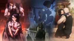 2boys ^_^ absurdres age_difference age_progression aged_down aiming arms_around_neck arms_around_waist arms_behind_back backpack bag bare_arms bench black_hair black_necktie black_pants black_shirt black_vest blood blood_on_clothes blood_on_face blue_hat bound bound_arms bush cape character_request chinese_commentary closed_eyes closed_mouth coat coat_on_shoulders cobblestone collared_vest commentary_request day different_reflection embers empty_eyes expressionless fire forehead from_behind grey_cape grey_coat grey_eyes gun handgun happy hat highres holding holding_gun holding_mirror holding_weapon hug indoors juliet_sleeves juuni_kokuki lapels long_hair long_sleeves low_ponytail male_focus mirror multiple_boys multiple_views necktie night notched_lapels open_mouth outdoors pants parted_bangs ponytail puffy_sleeves qiliang_yubaichuan red_bag red_necktie reflection shirt shoes short_hair short_sleeves smile squatting textless_version tied_up_(nonsexual) topknot vest weapon white_hair white_shirt