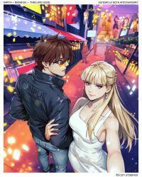 Rule 34 | black jacket, blonde hair, border, breasts, brown hair, casual, cleavage, dress, earrings, garayann, gundam, gundam wing, heero yuy, highres, jacket, jewelry, locked arms, long hair, relena peacecraft, road, selfie, short hair, street, sunglasses, white border, white dress