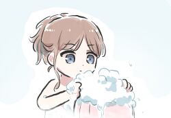 2girls bang_dream! bang_dream!_it&#039;s_mygo!!!!! blue_eyes brown_hair chihaya_anon closed_mouth commentary_request foam half_updo lyy multiple_girls nagasaki_soyo simple_background washing_another washing_hair white_background