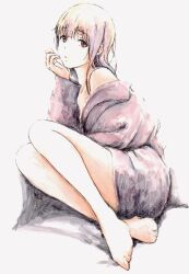 1girl absurdres barefoot bbmasa blue_background collarbone commentary_request crossed_ankles full_body gradient_background hibike!_euphonium highres liz_to_aoi_tori long_hair looking_at_viewer purple_hair red_eyes single_bare_shoulder sitting solo traditional_media yoroizuka_mizore