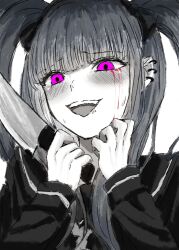 1girl amemiya_darumi black_bow blood bloody_tears bow drooling ear_piercing earrings eyelashes face_piercing female_focus hands_up highres holding holding_knife holding_weapon jewelry knife limited_palette lip_piercing long_hair open_mouth piercing pink_eyes saliva simple_background solo solo_focus teeth the_hundred_line_-last_defense_academy- twintails upper_body upper_teeth_only weapon white_background