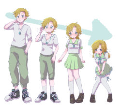 1boy 1girl blonde_hair blush breasts brown_shoes commentary_request embarrassed frilled_skirt frills genderswap genderswap_(mtf) green_eyes green_pants green_ribbon highres long_hair m-melo open_mouth original pants ribbon sequential shirt shoes skirt sneakers socks transformation white_shirt white_socks