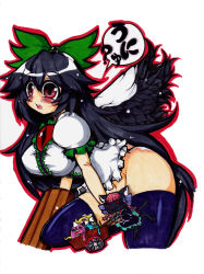 1girl :3 absurdres animal_ears black_hair black_wings blouse blue_thighhighs blush bottomless bow braid breasts cat_ears cat_girl cat_tail censored character_censor feathered_wings female_focus frills hair_bow hair_ribbon highres kaenbyou_rin kaenbyou_rin_(cat) kneeling large_breasts leaning_forward long_hair matarou_(matarou072) multiple_tails navel novelty_censor open_mouth puffy_short_sleeves puffy_sleeves purple_thighhighs red_eyes red_hair reiuji_utsuho ribbon shirt short_hair short_sleeves solo tail thighhighs touhou traditional_media translation_request triangular_headpiece twin_braids twintails unyu very_long_hair wagon wheelbarrow white_shirt wings