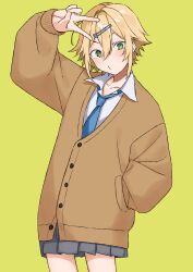 1boy absurdres blonde_hair blue_necktie blue_skirt blush bob_cut brown_cardigan buttons cardigan collared_shirt cowboy_shot crossdressing green_background green_eyes hair_between_eyes hair_ornament hairclip hand_in_pocket highres looking_at_viewer male_focus necktie nijisanji omiyacha pleated_skirt shirt short_hair simple_background skirt solo trap uzuki_kou v virtual_youtuber white_shirt