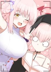 2girls beret black_hat black_shirt black_wings blue_archive blush breast_awe breasts buttons collarbone constricted_pupils double-breasted dress feathered_wings flower hair_bun hair_flower hair_ornament halo hat head_wings heart koharu_(blue_archive) kuuwassy large_breasts long_hair looking_at_breasts looking_at_viewer mika_(blue_archive) multiple_girls neckerchief no_mouth one_eye_closed open_mouth pink_background pink_hair pink_neckerchief purple_flower red_halo sailor_collar school_uniform selfie shirt single_hair_bun single_off_shoulder single_side_bun sleeveless sleeveless_dress smile twintails upper_body w white_dress white_sailor_collar white_wings wings yellow_eyes