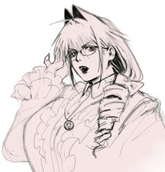 Rule 34 | 1girl, ahoge, black lips, bow, breasts, commentary, drill hair, eyelashes, fang, genderswap, genderswap (mtf), glasses, goth fashion, hair bow, hair ears, hair intakes, highres, large breasts, long hair, low ponytail, meisharan, nostrils, open mouth, original, ponytail, red eyes, shirt, solo, symbol-only commentary, tareme, valentine (meisharan), white background