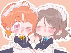 ahoge alphive apron arms_up blush braid brown_hair chibi closed_eyes dress frilled_dress frills grey_hair hair_ornament hair_ribbon hands_up highres holding_hands long_sleeves looking_at_viewer love_live! love_live!_sunshine!! maid maid_apron maid_headdress multiple_girls neck_ribbon necktie no_nose nose_blush one_eye_closed open_mouth orange_background orange_hair puffy_long_sleeves puffy_sleeves red_eyes ribbon short_hair simple_background skirt takami_chika watanabe_you wavy_hair yuri
