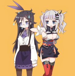 2girls @_@ black_hair blue_eyes blue_ribbon blush bow breasts brown_legwear cleavage cleavage_cutout closed_mouth clothing_cutout collared_shirt grey_hair hair_bow hair_ornament hairclip highres japanese_clothes jitome kaguya_luna kimono long_hair long_sleeves multiple_girls narue obi open_mouth pantyhose personification purple_bow purple_eyes purple_skirt red_legwear red_sash ribbon sash shirt short_kimono simple_background siri skindentation skirt suspender_skirt suspenders the_moon_studio thighhighs triangle_mouth twintails virtual_youtuber white_shirt wing_collar wristband x_hair_ornament yellow_background