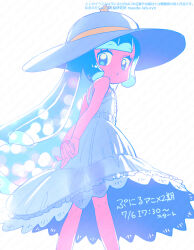 1girl arms_behind_back blue_eyes blue_hair dress expressionless from_behind hat long_hair looking_back maedakun monster_girl own_hands_together puniru_(puniru_wa_kawaii_slime) puniru_wa_kawaii_slime see-through_silhouette sleeveless sleeveless_dress slime_girl solo sun_hat sundress white_dress white_hat