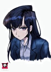 blue_jacket eyeshadow highres jacket komi-san_wa_komyushou_desu komi_shouko long_hair makeup painterly purple_eyes purple_hair school_uniform shirt sketch themaker white_shirt