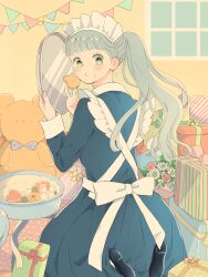 1girl black_shoes bow cookie eating flower food fumi_(pixiv23513263) gift green_eyes grey_hair highres holding holding_food long_hair long_sleeves looking_at_viewer looking_back maid maid_headdress original polka_dot_bowtie ponytail shoes sitting socks string_of_flags stuffed_animal stuffed_toy teddy_bear tray white_bow white_socks window