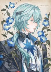 1boy absurdres anaxa_(honkai:_star_rail) aqua_eyes aqua_hair artist_name ascot black_capelet black_vest blue_flower capelet closed_mouth colored_eyelashes commentary english_commentary eyepatch ferretzoid flower from_side gold_trim hair_between_eyes hair_over_shoulder highres honkai:_star_rail honkai_(series) lips long_hair looking_down male_focus ponytail ponytail_holder profile shirt solo upper_body vest white_ascot white_shirt