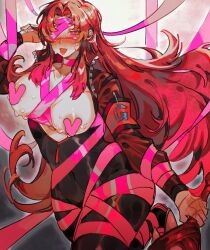 1girl black_bodysuit blush bngb_love bodysuit breasts breasts_out censored covered_navel e.g.o_(project_moon) full_body gebura_(project_moon) gradient_hair grey_background heart heart_censor highres jacket large_breasts limbus_company lobotomy_corporation long_hair long_sleeves looking_at_viewer mimicry_(e.g.o) multicolored_hair parted_bangs pink_eyes pink_hair pink_ribbon project_moon red_hair red_jacket ribbon roseate_desire_(e.g.o) scar scar_on_face sidelocks simple_background solo standing sweat tongue tongue_out very_long_hair
