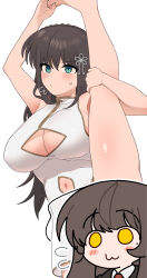 1girl absurdres arm_up armpits black_hair braid breasts censored character_censor chibi china_dress chinese_clothes cleavage cleavage_cutout closed_mouth clothing_cutout covered_erect_nipples crown_braid dot_nose dress green_eyes hair_ornament highres holding_own_foot holding_own_leg kim_jisoo_(you&#039;re_under_my_skin!) large_breasts leg_hold leg_up nakta navel navel_cutout novelty_censor sideboob simple_background sleeveless sleeveless_dress solo split standing standing_on_one_leg standing_split sweat sweatdrop v-shaped_eyebrows white_background white_dress you&#039;re_under_my_skin!
