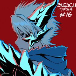 Rule 34 | 1boy, bankai, bleach, bleach: sennen kessen-hen, blue eyes, close-up, closed mouth, commentary request, copyright name, daiguren hyourinmaru (bankai), eyebrows hidden by hair, from side, hair between eyes, highres, hitsugaya toushirou, ice, looking at viewer, male focus, official style, profile, red background, short hair, sideways glance, signature, simple background, solo, spiked hair, white hair, yuuta (yuuta0312)