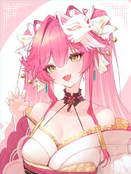Rule 34 | 1girl, :d, absurdres, animal ears, bare shoulders, black choker, breasts, cat mask, center-flap bangs, choker, claw pose, cleavage, collarbone, commentary, double-parted bangs, english commentary, fangs, feather boa, floral print, floral print kimono, hair ribbon, hand up, highres, hololive, hololive english, japanese clothes, kimono, large breasts, long hair, long sidelocks, looking at viewer, mask, multicolored hair, off shoulder, official alternate costume, official alternate hairstyle, open mouth, panther ears, panther girl, phoebe (user vvpf4584), pink hair, print kimono, raora panthera, raora panthera (new year), ribbon, sidelocks, skin fangs, smile, solo, streaked hair, twintails, virtual youtuber, white hair, white kimono, white mask, white ribbon, wide sleeves, yellow eyes