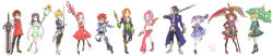 5boys 6+girls adelle_nevanlinna alphonse_zena_meridia arc_rise_fantasia black_hair blonde_hair blue_eyes breasts brown_eyes brown_hair cecille_garcia cleavage dress everyone frog gloves green_eyes gun highres l&#039;arc_bright_lagoon leslie_flaherty long_hair long_image midriff multiple_boys multiple_girls nicole_benecsu one_eye_closed orange_eyes orange_hair pantyhose pink_hair poorya purple_eyes purple_hair rasutona_oigen red_hair ruunya ryfia sage sage_(arc_rise_fantasia) shiho_(pixiv) staff sword thighhighs umbrella weapon wide_image wink