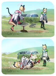 Rule 34 | 2girls, 2koma, animal ear headphones, black shoes, black shorts, blonde hair, blue archive, blue necktie, blue sky, car, cat ear headphones, cat tail, closed eyes, comic, fake animal ears, full body, glass, green halo, halo, headphones, jacket, midori (blue archive), momoi (blue archive), motor vehicle, multiple girls, nasan (coldtime), necktie, pink halo, shirt, shoes, short hair, shorts, sky, tail, water, white jacket, white shirt