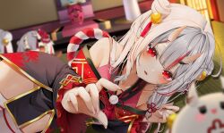 1girl bell black_kimono blurry blurry_background blurry_foreground center-flap_bangs depth_of_field double_bun frilled_sleeves frills gold_trim groin hair_bell hair_between_horns hair_bun hair_ornament hashtag-only_commentary highres hololive horns indoors japanese_clothes kimono kouhaku_nawa long_hair long_sleeves looking_at_viewer lying mask multicolored_hair nakiri_ayame nakiri_ayame_(1st_costume) off_shoulder ohagetty on_side oni oni_mask open_mouth pelvic_curtain pom_pom_(clothes) poyoyo_(nakiri_ayame) reaching red_eyes red_hair red_kimono rope shimenawa short_kimono skin-covered_horns solo streaked_hair tabi tassel tassel_hair_ornament tatami thighhighs two_side_up virtual_youtuber white_hair white_thighhighs wide_sleeves