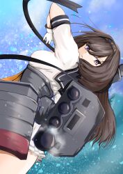 Rule 34 | 1girl, absurdres, akizuki (kancolle), black hair, black headband, black sailor collar, dutch angle, from behind, grey eyes, headband, highres, kantai collection, looking at viewer, looking back, machinery, neckerchief, orange neckerchief, pleated skirt, ponytail, sailor collar, sailor shirt, school uniform, serafuku, shirt, skirt, solo, tastas, white shirt, white skirt