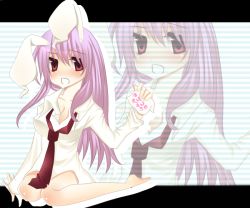 Rule 34 | 1girl, animal ears, barefoot, blush, bottomless, breasts, rabbit ears, dress shirt, female focus, full body, long hair, naked shirt, nayuta (scarlet-noize), necktie, no pants, purple hair, red eyes, reisen udongein inaba, shirt, sitting, solo, touhou, wariza, zoom layer