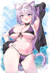 1girl :3 :d ahoge animal_collar animal_ear_fluff animal_ears arm_behind_head arm_up armpits bikini black_bikini black_collar breasts cameltoe cat_ears cat_girl cat_tail cleavage collar commentary contrapposto covered_erect_nipples cowboy_shot crossed_bangs double-parted_bangs fang front-tie_bikini_top front-tie_top hair_between_eyes halterneck heart heart-shaped_eyewear highres hololive huge_breasts jacket jacket_partially_removed looking_at_viewer messy_hair navel nekomata_okayu open_clothes open_jacket open_mouth paw_tattoo purple_eyes purple_hair short_hair smile solo stomach string_bikini swimsuit tail tinted_eyewear todalbok106 virtual_youtuber