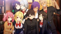 2boys 6+girls absurdres araya_kazuki bad_source black_hair black_jacket blonde_hair blue_eyes bow bowtie breasts buttons chair cleavage closed_eyes closed_mouth dark-skinned_female dark_skin dot_nose dress_shirt everyone green_eyes grey_hair grin hanao_akari highres indoors jacket john_spicer_(moe!_ninja_girls) large_breasts light_smile long_hair looking_at_viewer machiyuki_ricka moe!_ninja_girls momochi_myu multiple_boys multiple_girls official_art one_eye_closed open_mouth pink_eyes pink_hair plaid_clothes plaid_skirt purple_hair red_bow red_bowtie red_shirt saion-ji_enju school_uniform second-party_source shirt short_hair short_twintails skirt smile standing suou_yamabuki twintails very_long_hair yellow_eyes yomoda_tengge