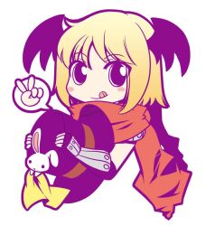 1girl :q assassin_cross_(ragnarok_online) blonde_hair blush_stickers closed_mouth commentary_request elbow_gloves fingerless_gloves from_hat_trick gloves hat holding holding_unworn_clothes holding_unworn_hat looking_at_viewer orange_scarf purple_eyes purple_gloves purple_hat purple_wings rabbit ragnarok_online scarf short_hair simple_background smile solo tachibana_sakuya_(matsurika) tongue tongue_out top_hat unworn_hat unworn_headwear upper_body white_background wings