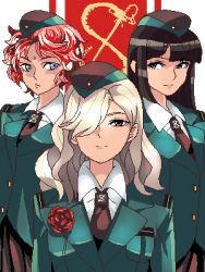 3girls black_hair blonde_hair blue_eyes flower lowres multiple_girls pink_hair punpun rose