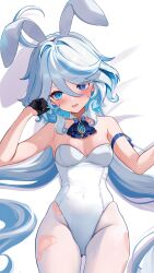 1girl absurdres alternate_costume animal_ear_hairband animal_ears arm_support asymmetrical_gloves black_gloves blue_eyes blue_hair breasts commentary_request drop-shaped_pupils fake_animal_ears furina_(genshin_impact) genshin_impact gloves hairband half_gloves heterochromia highres leotard long_hair looking_at_viewer lying medium_breasts merchandise_available mismatched_gloves on_back pantyhose playboy_bunny rabbit_ear_hairband rabbit_ears rrr_gns_(riuriu_1212) solo strapless strapless_leotard symbol-shaped_pupils torn_clothes torn_pantyhose wavy_hair white_background white_gloves white_leotard white_pantyhose