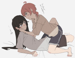 Rule 34 | 2girls, ahoge, barefoot, black hair, black shorts, blush, brown shorts, closed mouth, commentary, dated, grey shirt, hand on another&#039;s face, koito yuu, lie lack1080, long hair, looking at another, multiple girls, nanami touko, orange hair, ponytail, shirt, short ponytail, short sleeves, shorts, simple background, smile, straddling, toes, translation request, white background, white shirt, yagate kimi ni naru, yuri