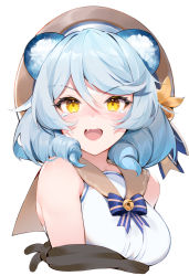 1girl :d andychen animal_ears blue_bow blue_bowtie blue_hair blush bow bowtie brown_sailor_collar copyright_request cropped_torso fang hair_between_eyes hat highres medium_hair open_mouth revision sailor_collar shirt simple_background skin_fang sleeveless sleeveless_shirt smile solo tearing_up upper_body virtual_youtuber white_background white_shirt yellow_eyes