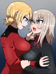 Rule 34 | 2girls, black jacket, blonde hair, blue background, blue eyes, blush, braid, breast press, cocoa maroon, darjeeling (girls und panzer), frown, girls und panzer, gradient background, grey background, grey hair, hand on another&#039;s arm, hand on another&#039;s chin, highres, itsumi erika, jacket, kuromorimine military uniform, long hair, multiple girls, open mouth, red jacket, red shirt, shirt, smile, st. gloriana&#039;s military uniform, sweatdrop, upper body, yuri