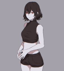 Rule 34 | 1girl, 23i2ko, :|, bob cut, brown hair, brown shirt, brown shorts, closed mouth, cowboy shot, grey background, halterneck, interlocked fingers, looking at viewer, original, red eyes, shirt, short hair, shorts, simple background, solo, stomach