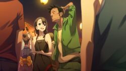 1boy 2girls 4others aqua_eyes arm_hair bare_shoulders beard_stubble black_dress black_hair blush breasts brown_hair closed_eyes closed_mouth dress facial_hair festival food fukuda_tomonori game_cg green_eyes green_jacket hair_between_eyes hair_tie hand_on_own_head highres holding holding_plate holding_stick jacket lantern long_hair looking_at_another multiple_girls multiple_others nagafukada_mitsuhiko non-web_source official_art open_mouth pants plate robotics;notes shiny_eyes short_hair sideboob small_breasts smile stick stubble summer_festival sundress teeth tennouji_nae tennouji_nae_(robotics;notes) tongue track_jacket track_pants twintails upper_teeth_only very_short_hair whistle whistle_around_neck white_stripes