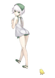 1girl ass bad_id bad_pixiv_id bird child female_focus green_eyes hat headdress highres neco nier nier_(series) sandals short_hair simple_background smile solo source_request white_background white_hair yonah