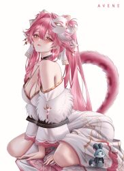 1girl animal_ears artist_name avene_chan bare_shoulders bell blush breasts cat_mask chattino_(raora_panthera) cleavage closed_mouth commentary earrings extra_ears glint hair_intakes hair_ornament hair_ribbon hair_stick hashtag-only_commentary highres hololive hololive_english japanese_clothes jewelry jingle_bell kimono kneeling large_breasts leaning_forward long_hair long_sleeves mask mask_on_head panther_ears panther_girl panther_tail pink_hair raora_panthera raora_panthera_(new_year) ribbon simple_background solo tail twintails virtual_youtuber white_background white_fur white_kimono white_ribbon yellow_eyes