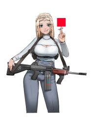 1girl absurdres blonde_hair braid breasts buttons chest_harness cleavage cleavage_cutout clothing_cutout cropped_legs cross cross_earrings crown_braid double-breasted earrings facial_mark grenade_pin grey_panties gun gun_sling harness headband high-waist_pants highres jewelry large_breasts long_hair long_sleeves mouth_hold notfuji original panties pants pink_lips rifle salute shirt_tucked_in sidelocks solo sweater toothpick turtleneck turtleneck_sweater two-finger_salute underbust underwear weapon white_background white_sweater