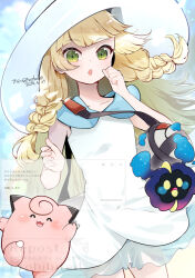 Rule 34 | 1girl, :o, bag, blonde hair, braid, clefairy, clenched hand, collared dress, commentary request, cosmog, dated, dress, duffel bag, eyelashes, gen 1 pokemon, gen 7 pokemon, green eyes, grey bag, hat, kinako (mzknk0), legendary pokemon, lillie (pokemon), long hair, nintendo, open mouth, poke ball print, pokemon, pokemon (creature), pokemon sm, request inset, shoulder bag, twin braids, watermark, white dress, white hat
