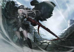 Rule 34 | 1girl, absurdres, black boots, black hat, black skirt, bolt action, boots, closed mouth, cross, female focus, full body, girls&#039; frontline, gun, hat, highres, holding, holding gun, holding weapon, iron cross, jacket, jacket on shoulders, kar98k (girls&#039; frontline), long hair, looking away, mauser 98, peaked cap, red eyes, rifle, scenery, skirt, solo, standing, thigh boots, thighhighs, tollrin-senpai, weapon, white hair