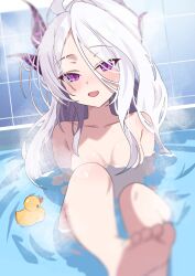1girl bare_shoulders barefoot bathing blue_archive blush breasts collarbone demon_horns highres hina_(blue_archive) horns indoors kanimiso30601 long_hair nude open_mouth purple_eyes smile very_long_hair white_hair